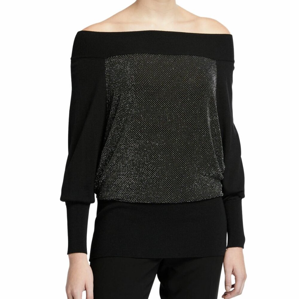 Chiara Boni (Item-71) Black La Petite Robe Off Shoulder Metallic Wool Sweater XL
